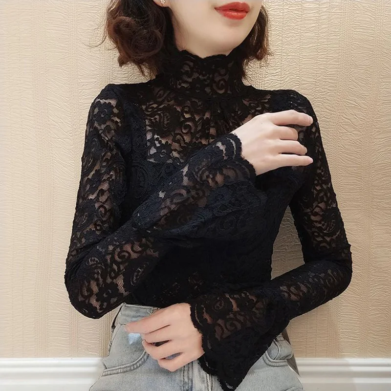 Elegant Turtleneck Ruffles Hollow Out Lace Blouse WomenClothing 2023 Autumn New Casual Pullovers Flare Sleeve Office Lady Shirt