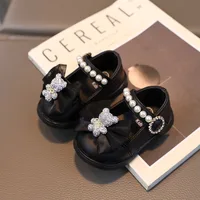 Baby Girl Leather Shoes Kids Bow Pearl Princess Shoes Shallow Soft Sole Cute First Walkers Infant Toddler Cartoon Single Shoes 2