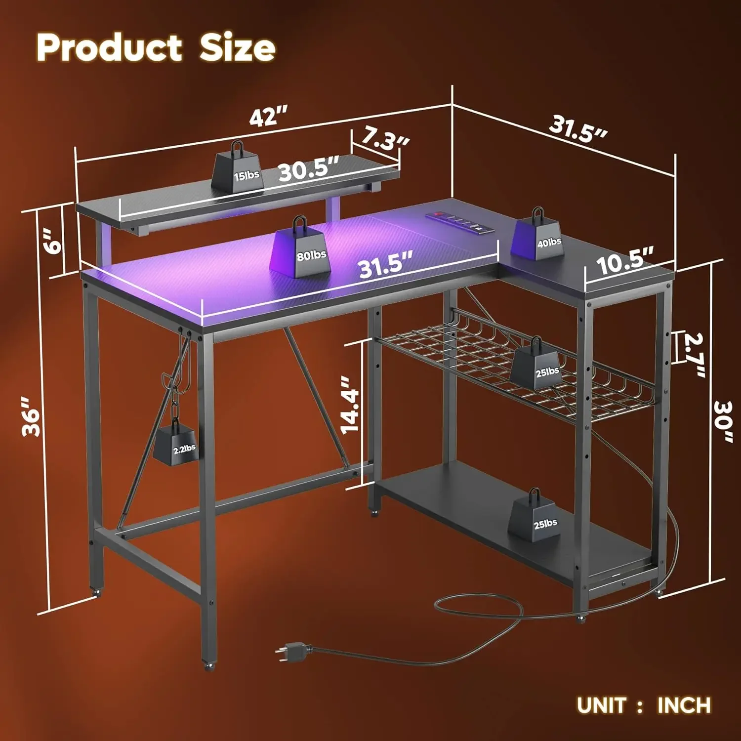 Small Gaming Desk with Power Outlets,42 L Shaped LED Computer Desk with Stand Reversible Shelves,Corner Gamer Desk 3