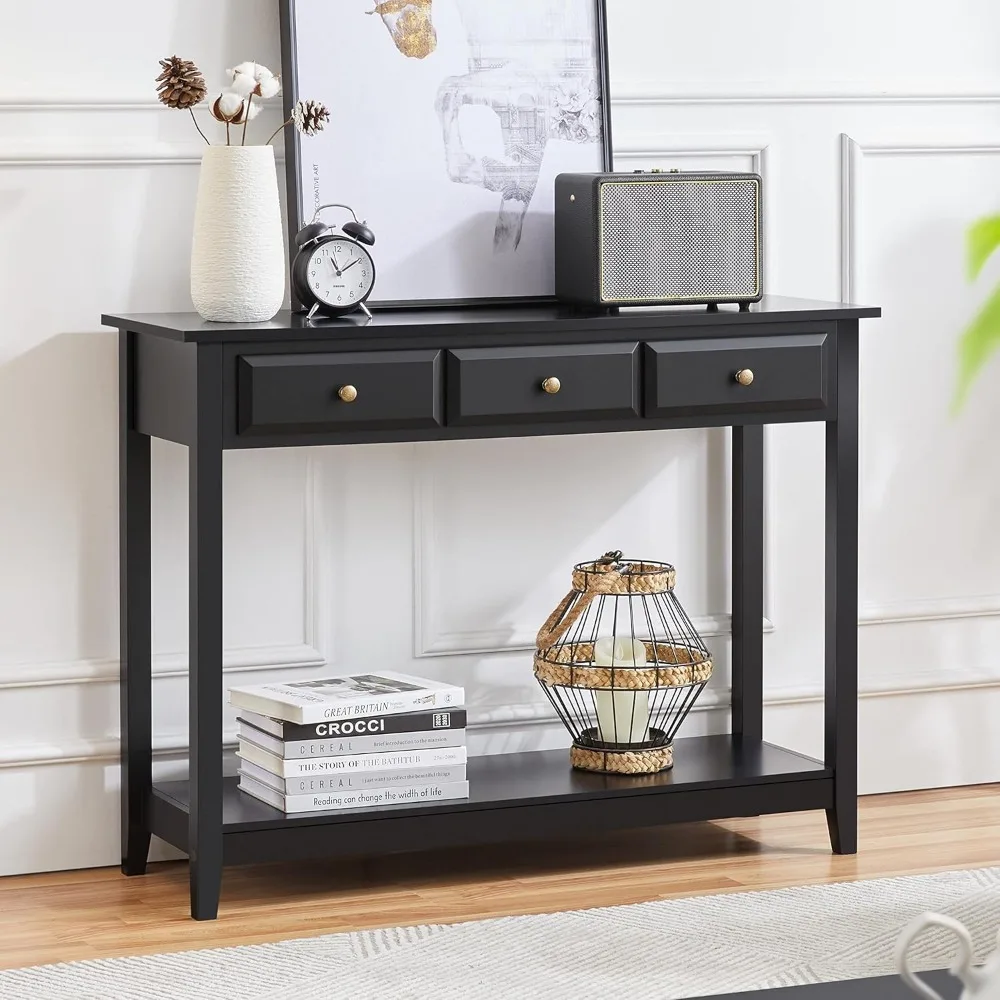 Console Table with 3 Drawers, Wood Entryway Table with Storage Shelf, Sofa Tables Narrow Long for Living Room, Entryway, 4