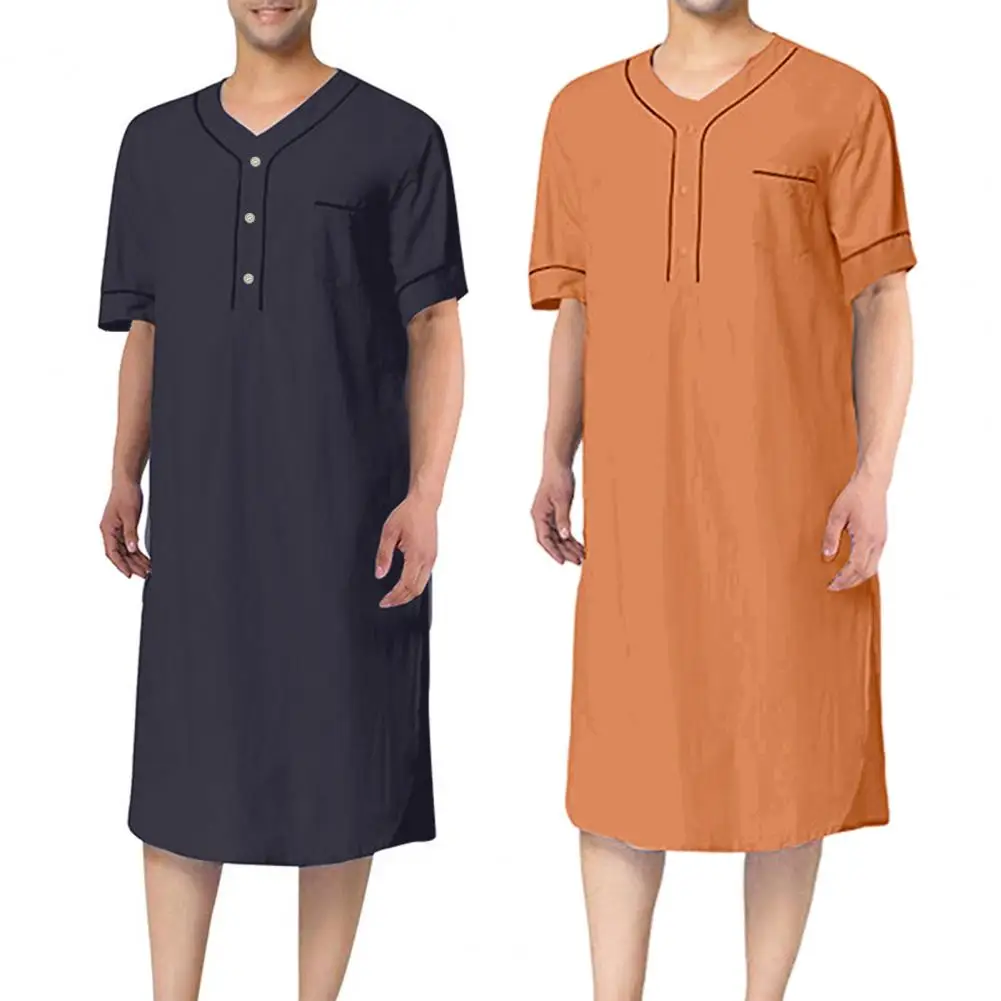 

Men Nightgown Men's V-neck Short Sleeve Nightgown with Patch Pocket Solid Color Mid-calf Length Sleep Robe for Leisure Home Wear