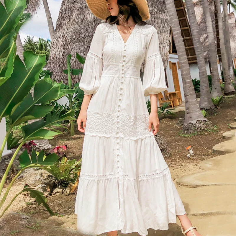 

TEELYNN Lantern Sleeve Cotton Splice Lace Long Dresses For Women Vintage White V neck Autumn Boho Dress Party Holiday Vestidos