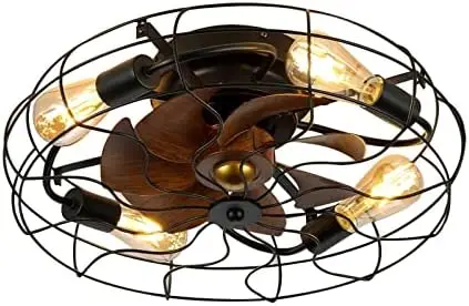 

Caged Ceiling Fan with Lights Remote Control, Industrial Flush Mount Low Profile, Reversible Motor 6 Speeds 1-4 Timing, Farmhous