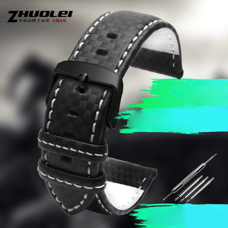 Durable Black Genuine Leather Watchband with Orange Stitching and Silver Clasp