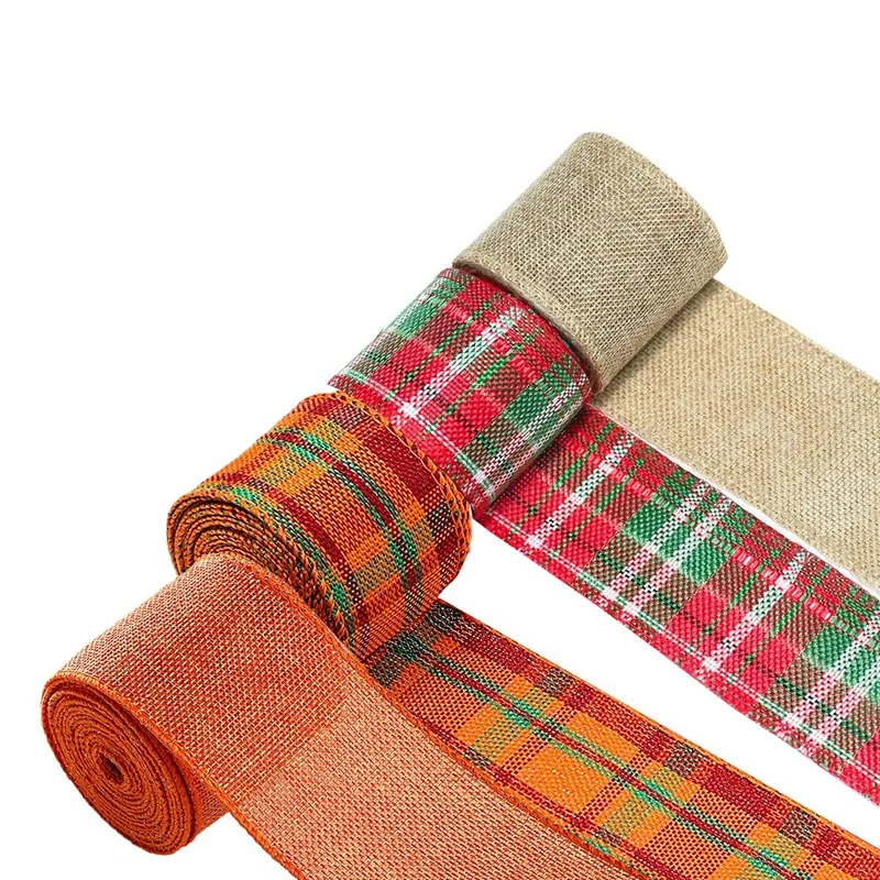 

Hot Kf-4 Rolls Plaid Ribbon Thanksgiving Wrapping Ribbon Wired Craft Ribbon For Fall Thanksgiving Decoration Floral Bows Crafts