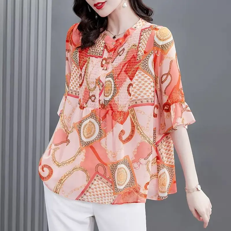 Temperament Summer Printing Women's Crew Neck Single breasted Shirring Fashion Elegant Casual Half Sleeve Chiffon Shirt Tops