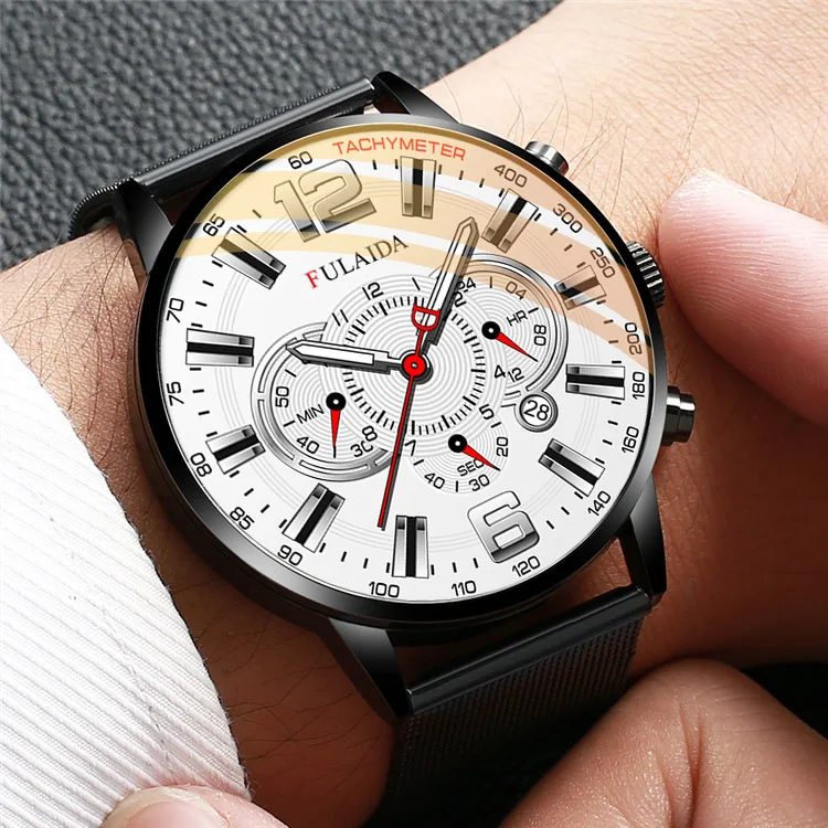 Men's Fashion Business Calendar Watches Luxury Stainless Steel Mesh Belt Analog Quartz Watch Business Luminous Wristwatch Clock