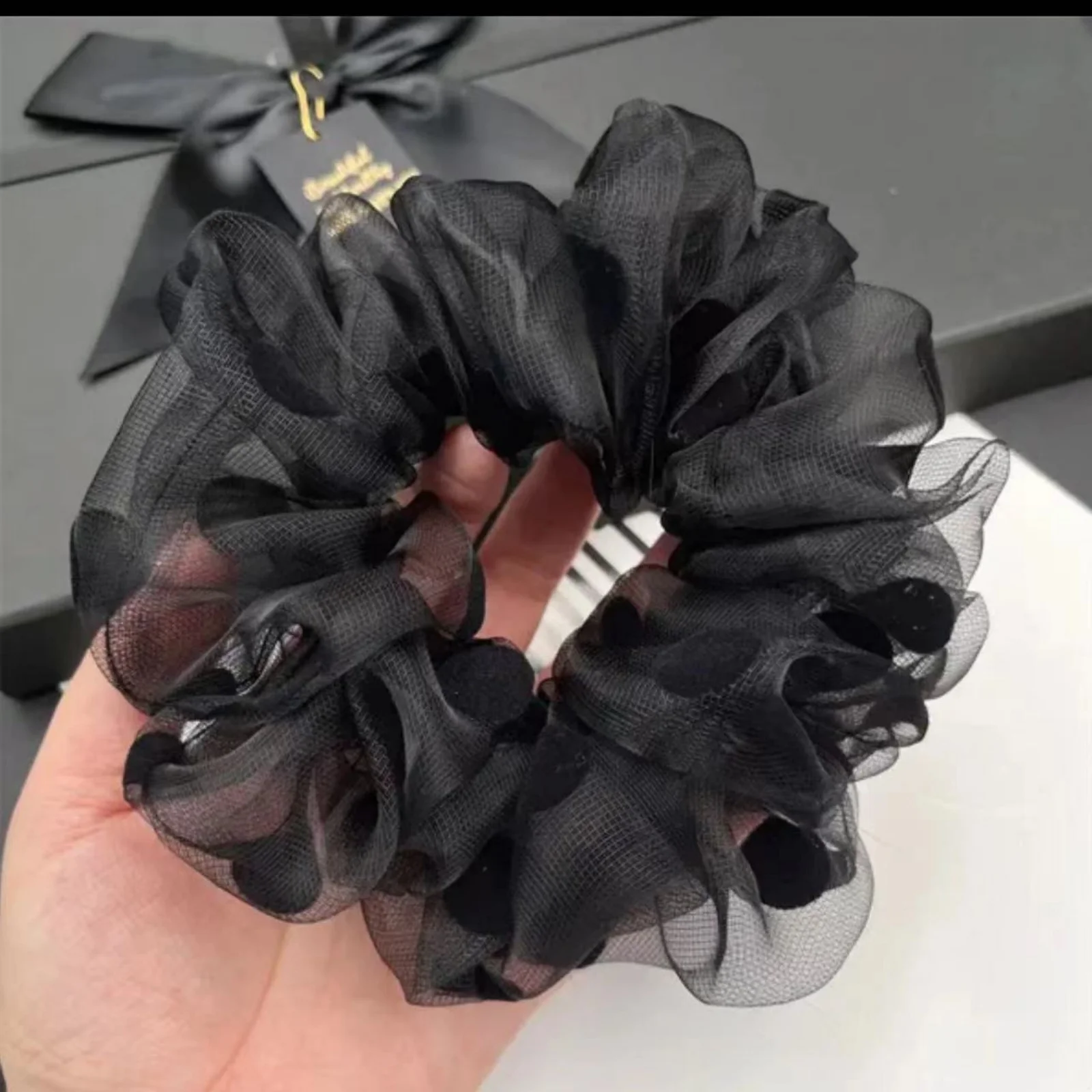 1PC　Polka Dot Organza Hair Scrunchies, Black & Beige Hair Ties, Cute Hair Accessories, Perfect for Adding a Feminine Touch