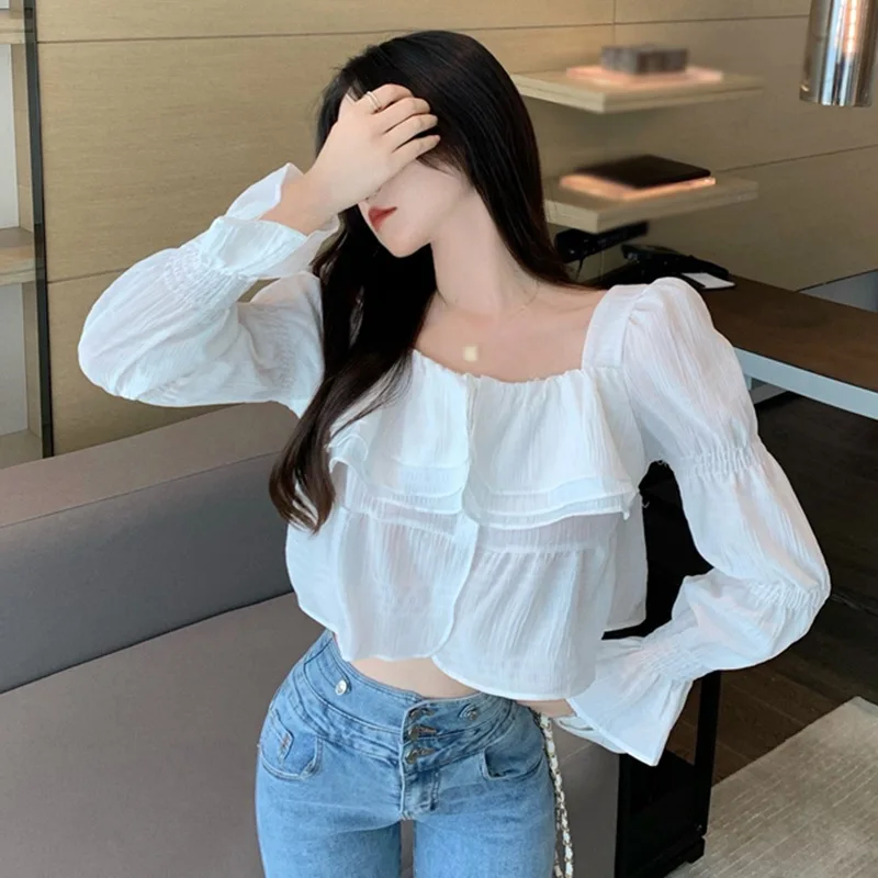 

Женская шифоновая блузка с длинным рукавом и квадратным вырезом