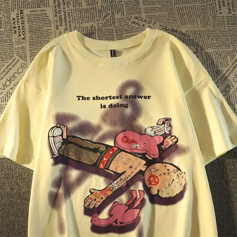 

American Retro Hiphop Cartoon Pure Cotton Short Sleeved T-shirt for Men and Women Summer Ins Loose Oversize Half Sleeved Top