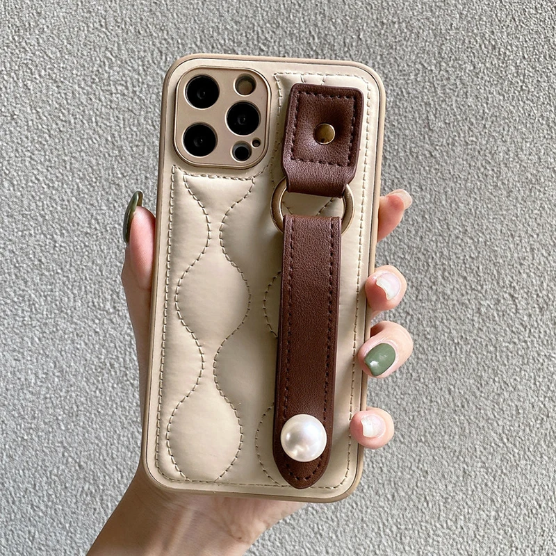 Fashion PU Leather Pearl Wrist Strap Stand Case For iPhone