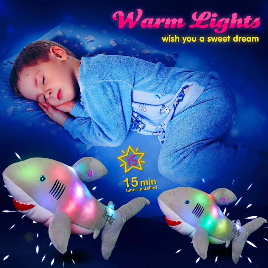 Light-up Shark Doll 55cm Plush Toys PP Cotton Sleeping Throw Pillows Soft Cute Stuffed Animals for Girls Glow Toy