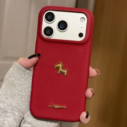 Elegant 3D Golden Horse Litchi Pattern Soft Case Cover - iPhone 15 Pro Max (Red)