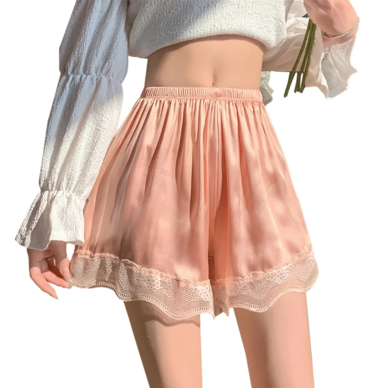 Women Cute Lace Shorts Loose Solid Stretchy Underwear Shorts Safety Pants Loose Anti-glare Under Skirts Mid Thigh