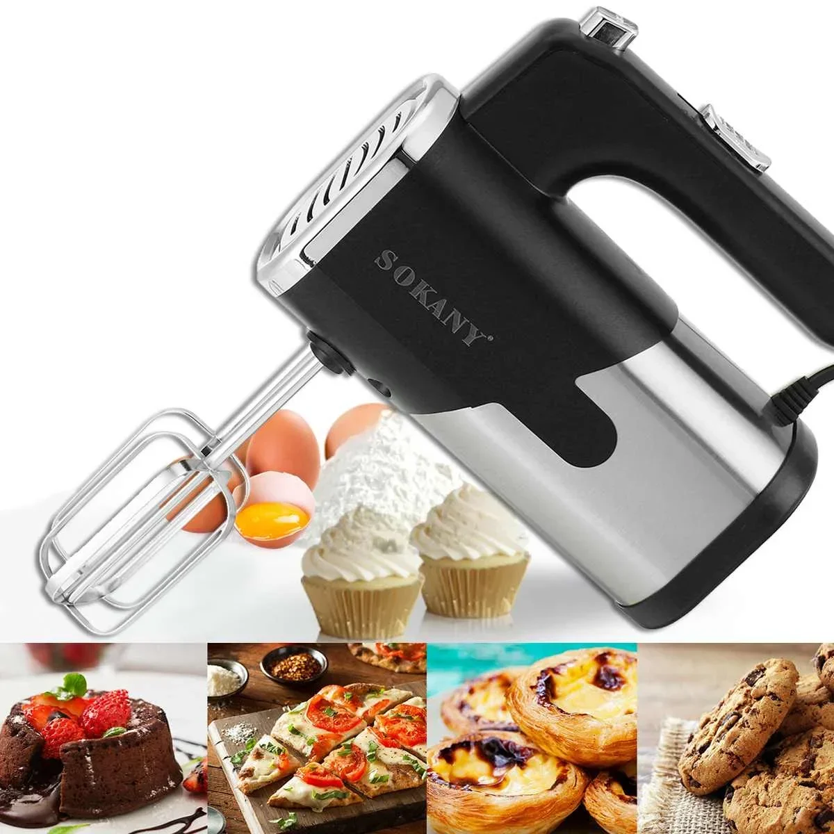 Mini Misturador de Alimentos com Ganchos de Massa Liquidificador Elétrico de Cozinha Batedor de Ovos Cromado Padaria Portátil 800w