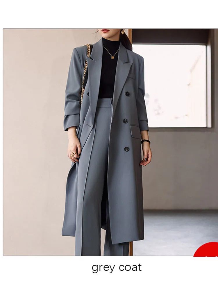 Tesco Grey Long Blazer Women 2 Piece Sets Trench Coat Suit Collar Double Breasted Wide Leg Pants Solid Color Winter Clothes
