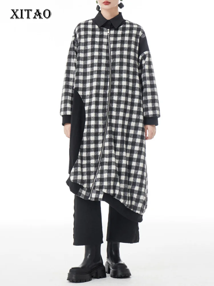 

XITAO Asymmetrical Plaid Trench Coat Fashion Contrast Color V Neck Collar Zipper Splicing Long Sleeve Coat New Trench HQQ2134