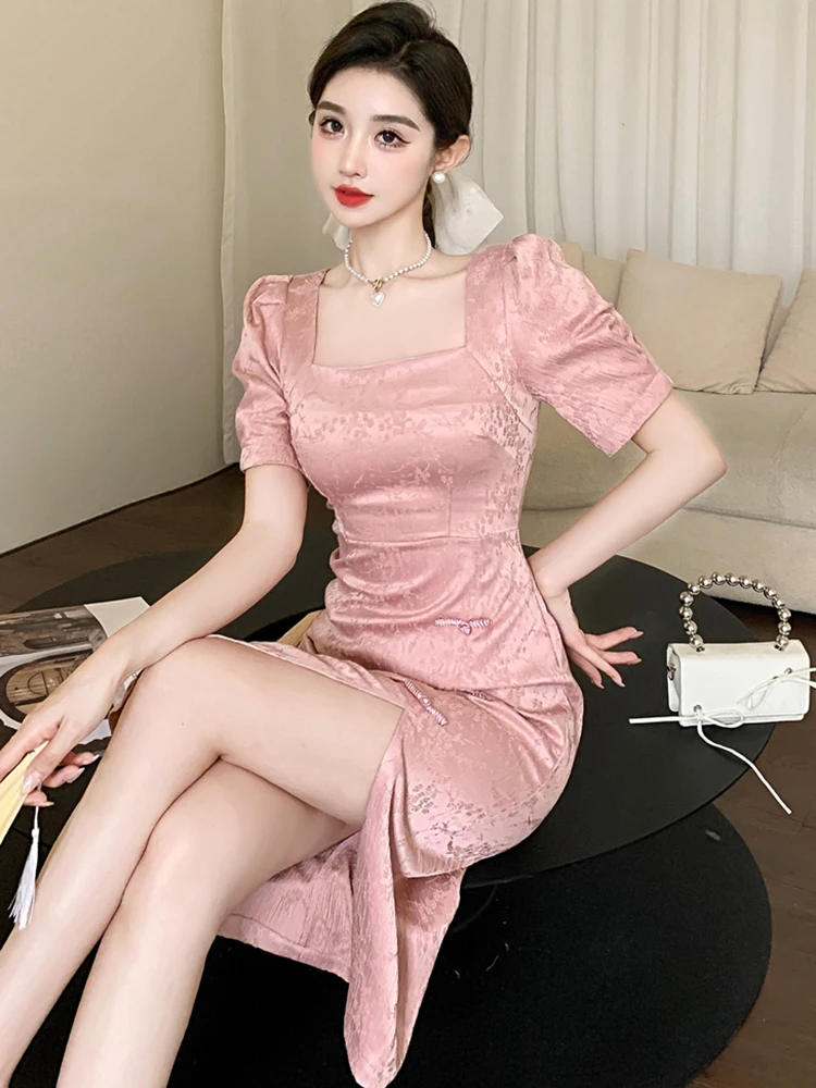 2025 Pink Jacquard Satin Luxury Long Dress Women Elegant Bodycon