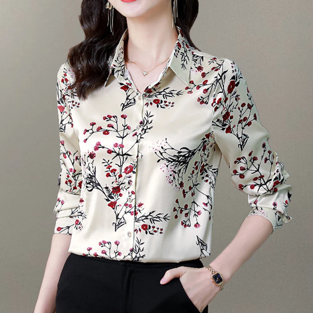 Chic-Printed-Casual-Office-Shirts-For-Women-Long-Sleeve-Silk-Satin ...