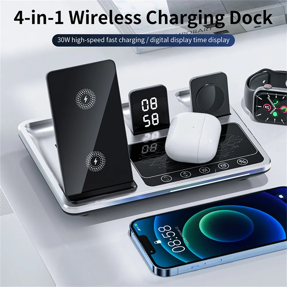 

Alarm Clock Wireless Charger Stand Fast Charging Station Dock For iPhone 15 Pro Max 14 Samsung For Airpods iWatch8 For 아이폰 무선충전기