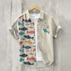 Men's Hawaiian Style Retro Fish Print Short Sleeved Shirt, Casual Linen Top, Loose and Breathable, Fashionable 1
