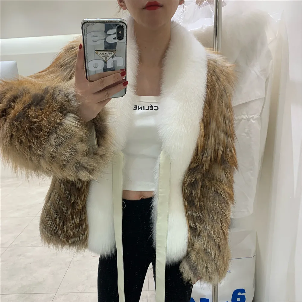 

Fashion patchwork long hair real raccon dog fur Jacket Super Large Real Silver Fox Fur knitted natural fox fur coats