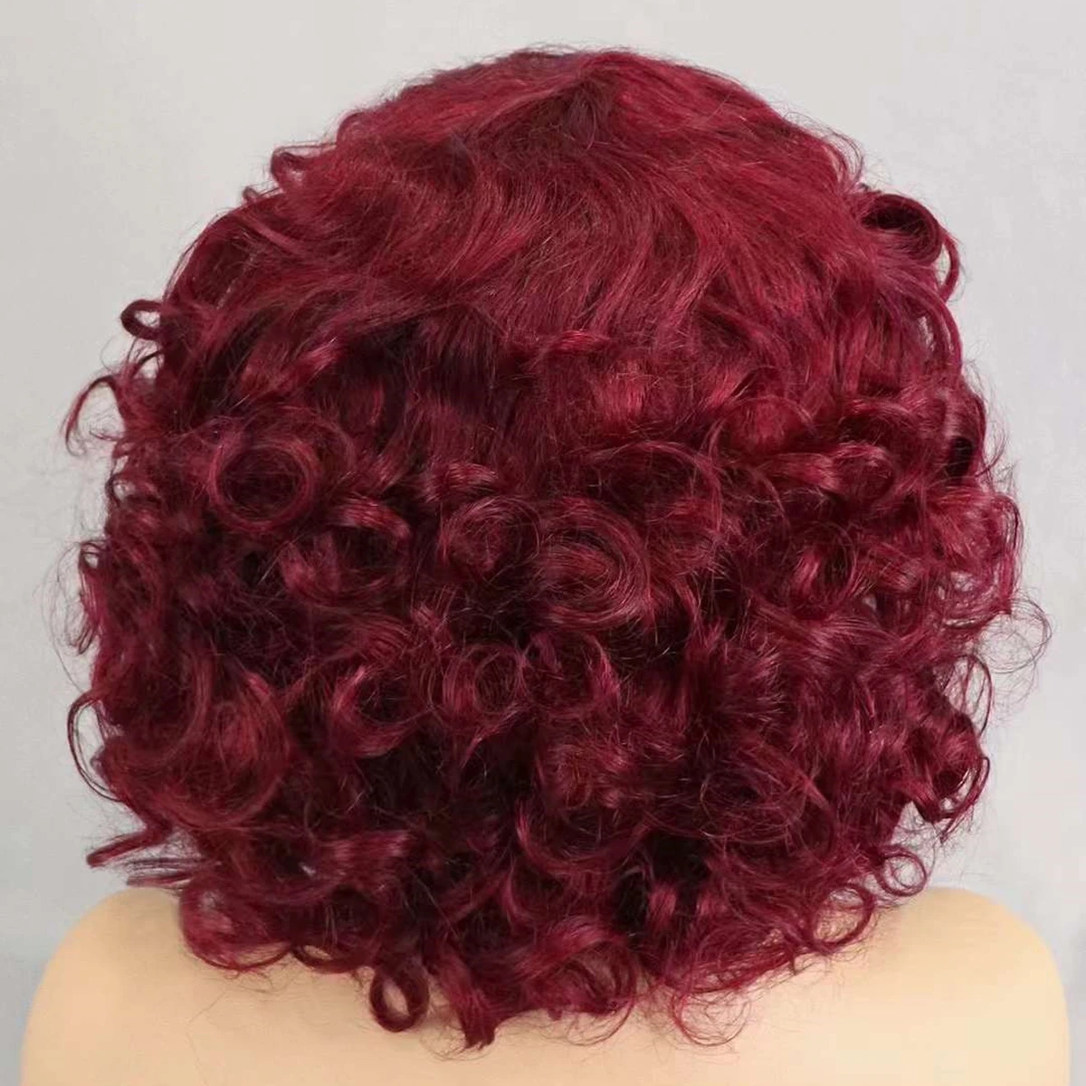 Human hair wigs 200% Density 99J# Burgundy Bouncy Curly Human Hair Wigs with Bangs Short Machine Made Loose Curly Bob Wigs PrePlucked for Women