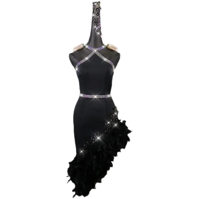 

New Sexy Latin Dance Dress Black Feather Competition Dress Costumes Skirt Performing Dress Rhinestone Adult Customize Children