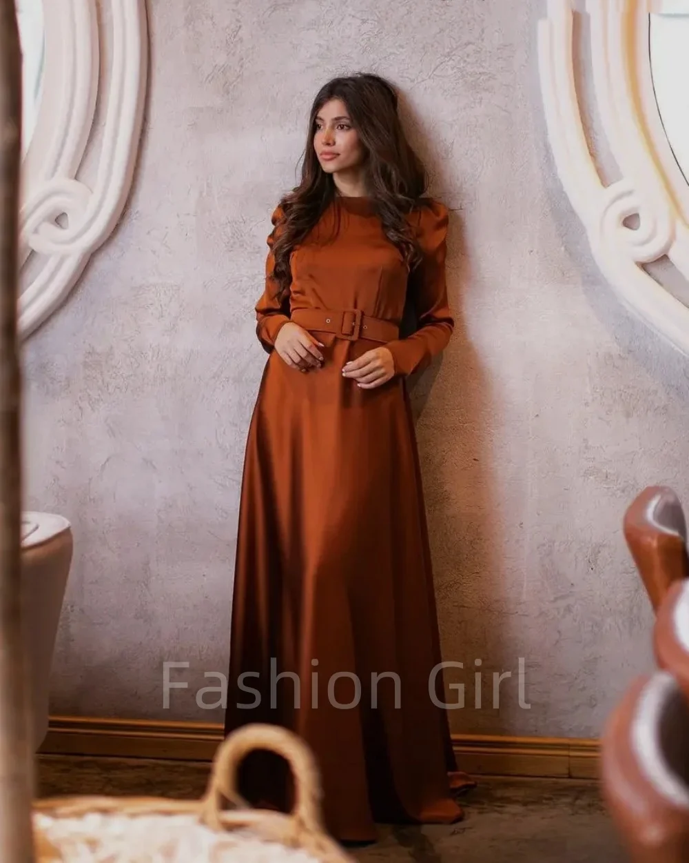 

Elegant Vintage Brown Simple O Neck Ruffle A-Line Long Sleeves Floor Length Formal Occasion Prom Dresses Evening Party Gowns
