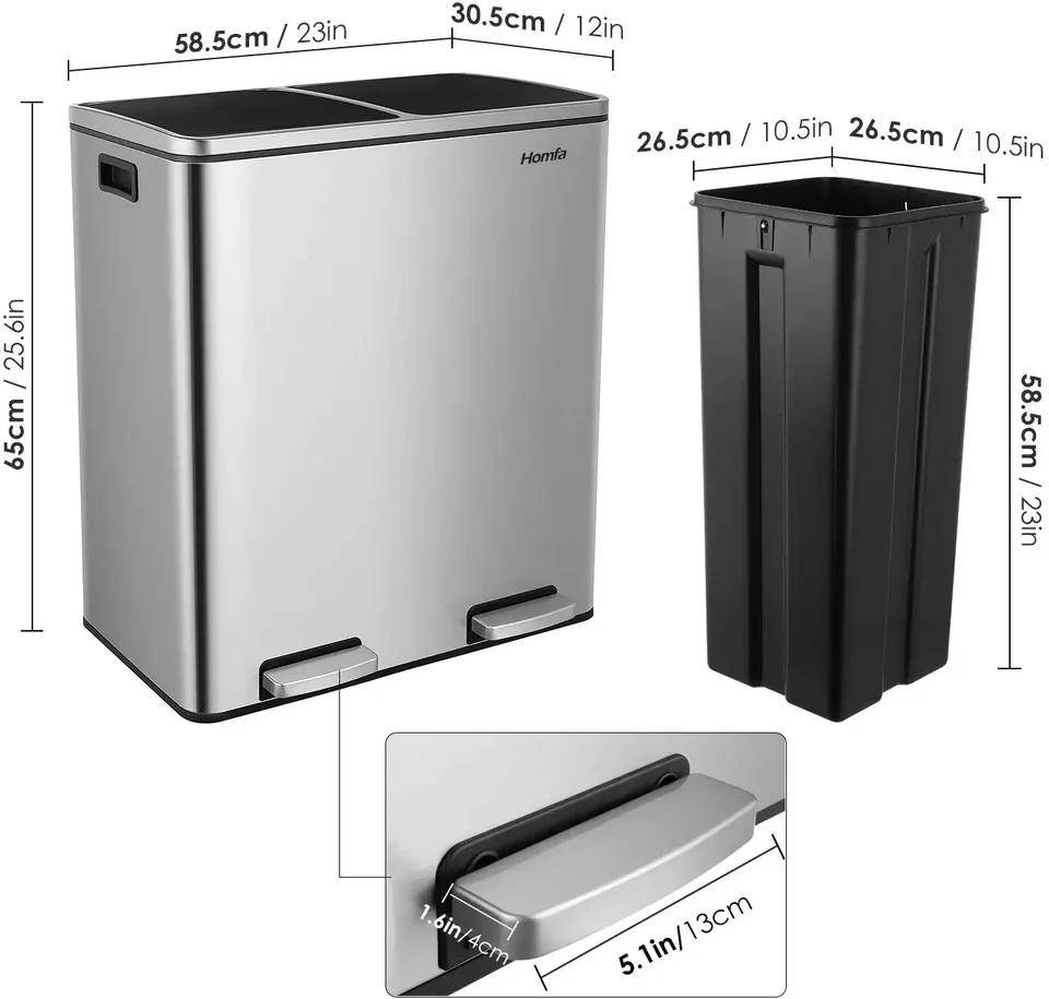 60L Stainless Steel Hands-Free Dual Compartment Trash Can
