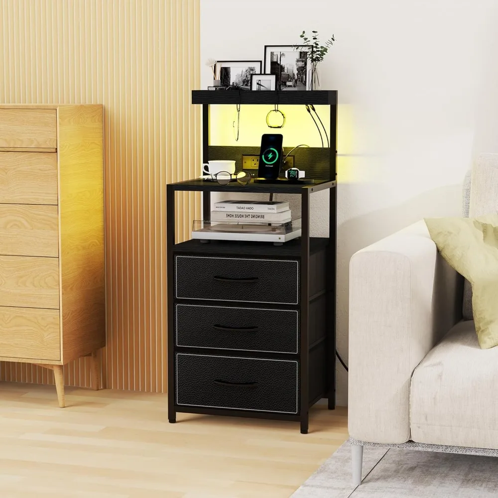 LED Nighstand with Charging Station, Dresser Nightstands with 3 Drawers and LED Lights, Nightstand with 3 Shelf and Hooks 5