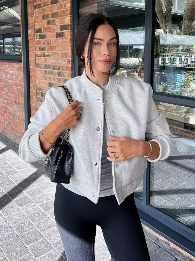 HH Women Cropped Bomber Jacket Female Autumn Casual Button