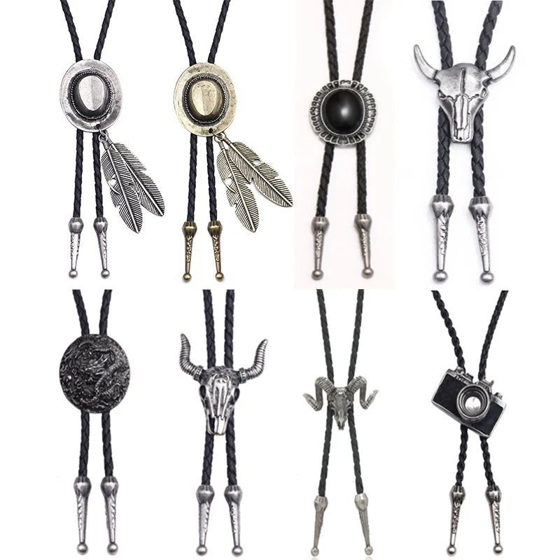 Vintage Cowboy Jazz Hat Alloy Bolo Tie Men Women Leather Rope Long Necklace Sweater Chain Shirts Accessories