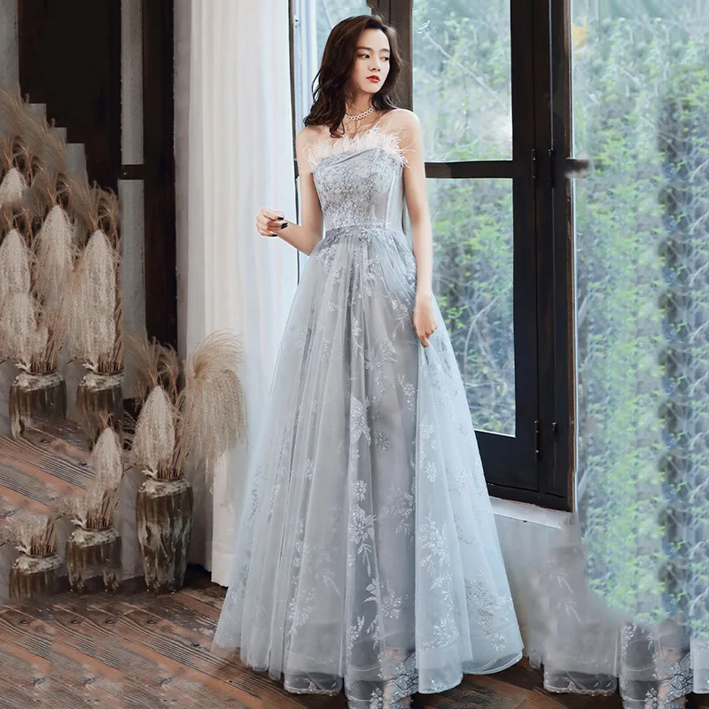 

Feathers Strapless Party Dresses Women Evening Sexy Backless Elegant Long Suknie Wieczorowe 2023 New Tulle Vestido Longo Festa