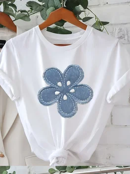 Embroidered Floral Graphic T-Shirt  Short Sleeve Round Neck Top with Blue  White Flower Design  Fashion Lovers Relaxed Chic 1
