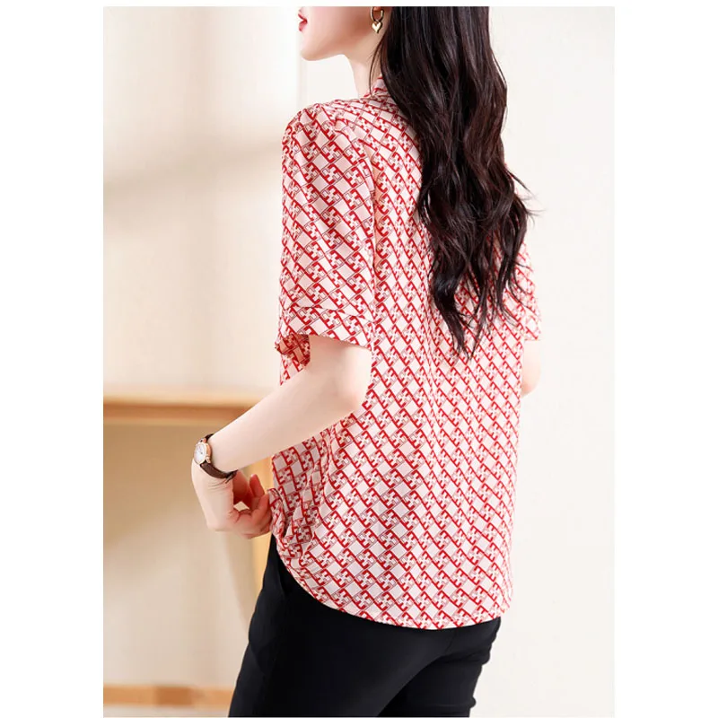 2024 Summer New Women\'s Printed Scarf Collar Bow Pullovers Fashion Elegant Versatile Commuter Slim Half Sleeve Chiffon Tops
