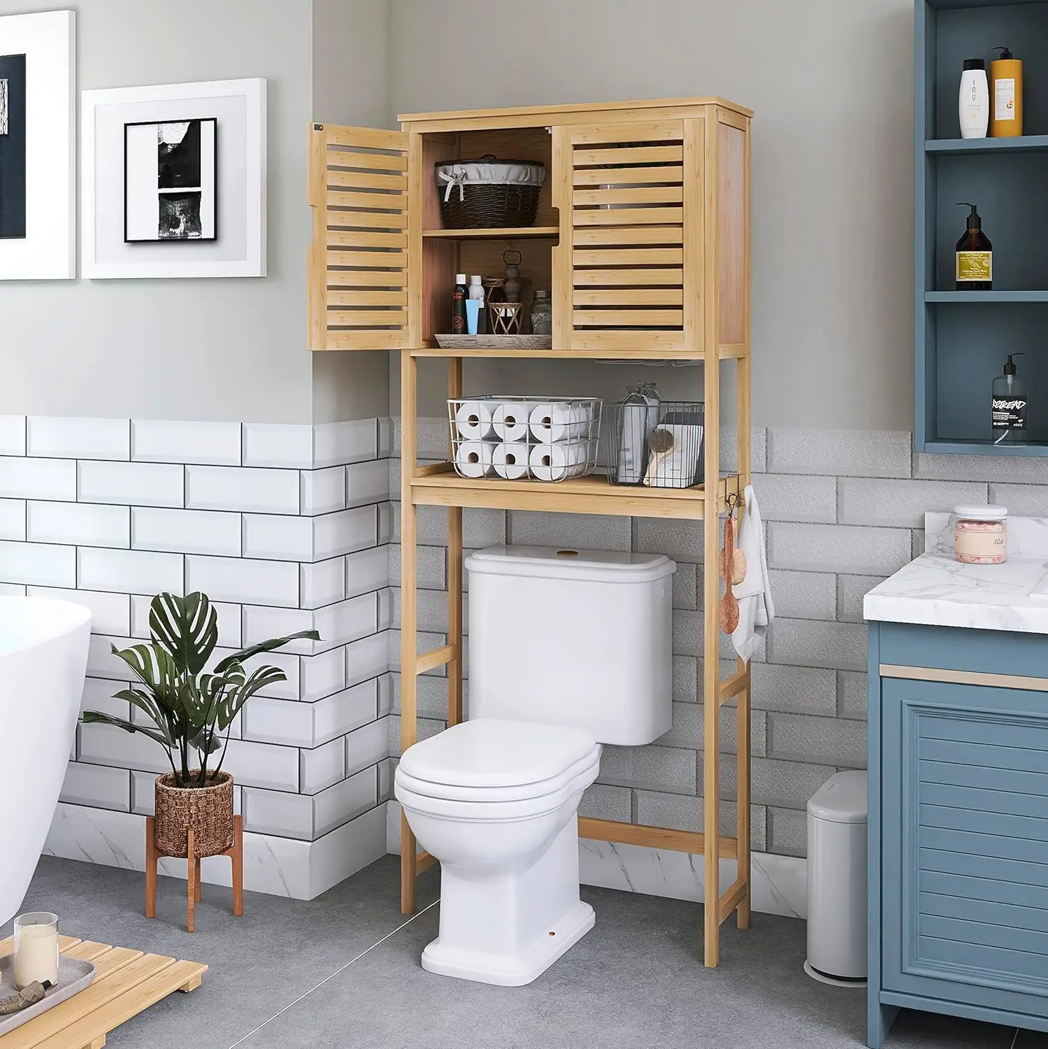 SMIBUY Bathroom Over The Toilet Storage Cabinet, 2 Door Bamboo Cabinet Organizer, Space Saver Toilet Rack with Adjustable Inside