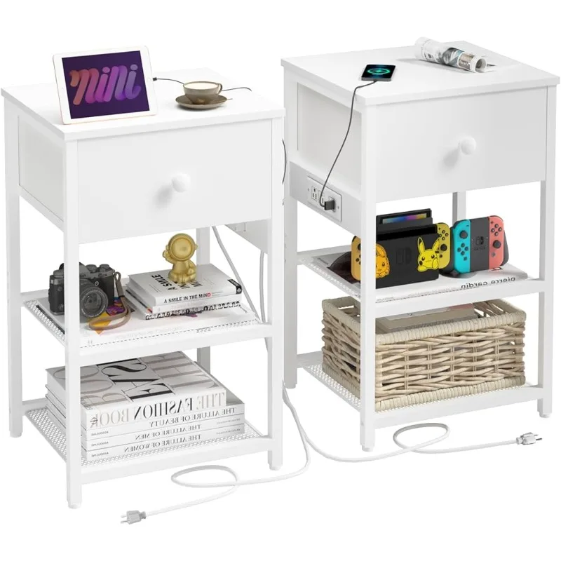 

Nightstands Set of 2 with Charging Station, Bedside Tables with Fabric-Wood 2-in-1 Drawer, End Table for Small Spaces