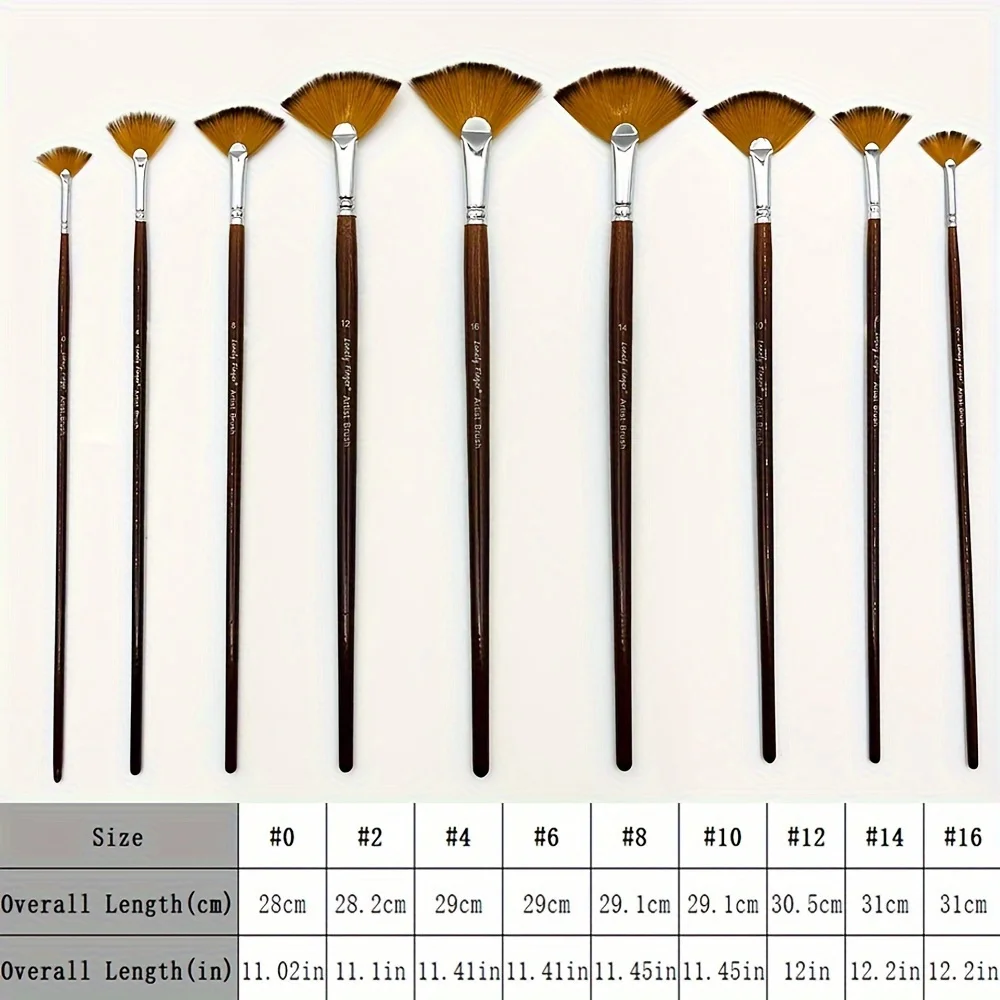 9pcs Professional Fan Paint Brush Set - Long Wood Handle High-Quality Nylon Hair for Watercolor, Acrylic, Oil & More 2