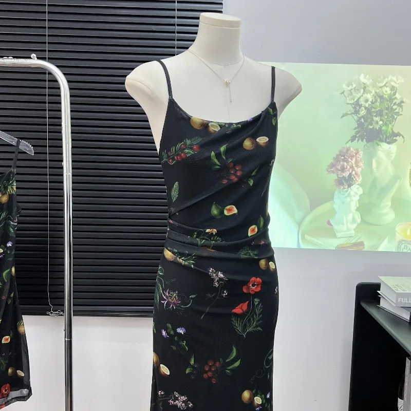 

Floral Women's 2024 Spring and Summer Patchwork Zipper Casual Sexy Retro Waist Slimming Folds A-line Wrapped Hip Strap Dress