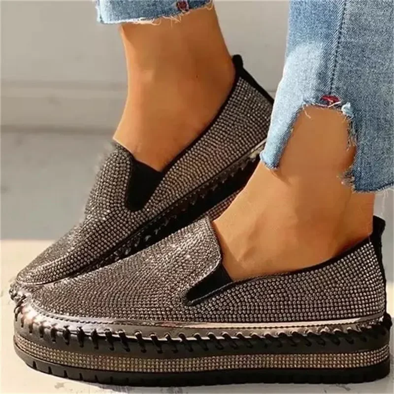 Ladies Flat Sequined Sneakers Casual Women's Mesh Lace-up Fine Diamond Sequins Thick-soled Comfortable  Vulcanized Shoes 4