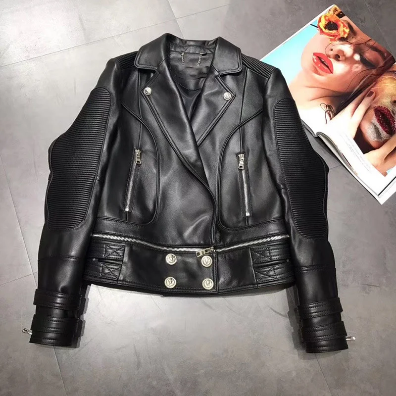 

New Spring Autumn Women Genuine Leather Letter Printing Jackets Handsome Locomotive Short Coat Female Sheepskin Designer Jacket