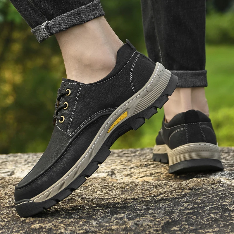 Outdoors Lace-up Shoes Man Non-Slip Casual Leather Shoes for Men Wear Resistant Walking Hiking Footwear Classic Comfy Climbing