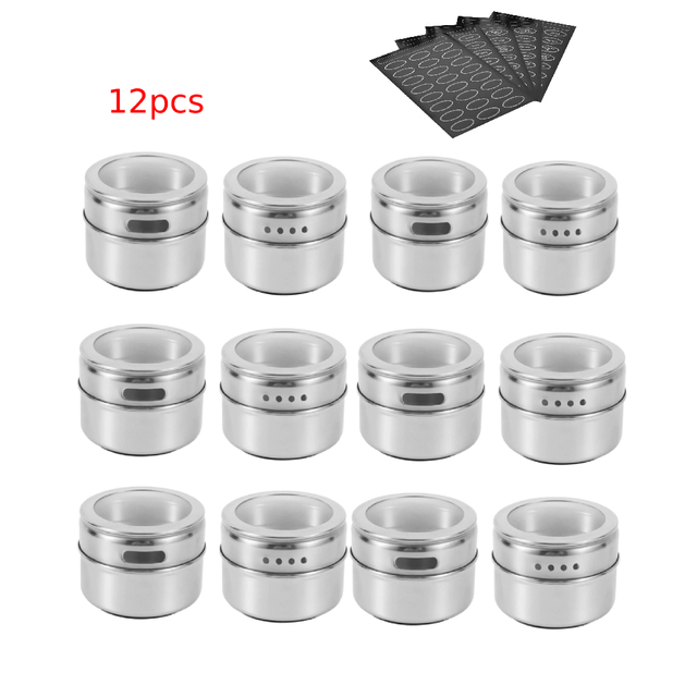 Magnetic Spice Jars with Spice Labels Stainless Steel Magnetic Spice Tins with Wall Base Magnetic on Refrigerator