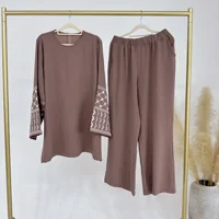 Abaya-Ensemble 2 pièces pour femmes musulmanes, vêtements de Turquie, vêtements islamiques de Dubaï, survêtement décontracté, tenues de mode arabe, pantalon en Y brodé 5