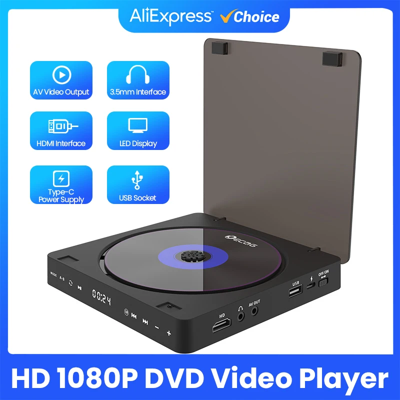 DVD-плеер для телевизора CD VCD HD 1080P Видеоплеер с поддержкой HDMI AV Стандартный сенсорный экран USB-соединение Выход для...