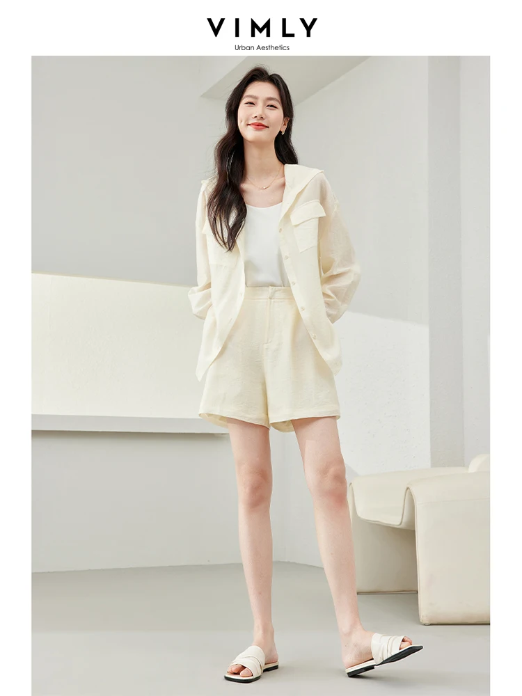 Vimly Apricot Thin Pant Sets for Women 2024 Spring Lyocell Hooded Jacket Elastic Waist Sport Short Pants New Matching Set M6271