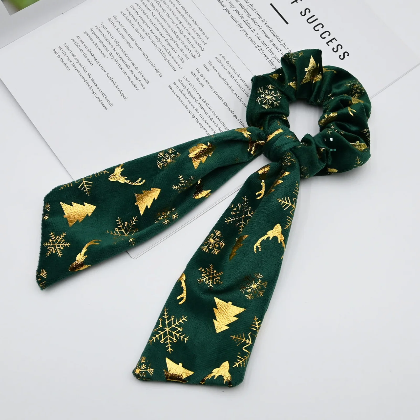 1PC Christmas Print Scrunchie,Red Green Hair Ties, Gold Snowflake Tree Deer Scarf Scrunchies, Festive Holiday Hair Accessories