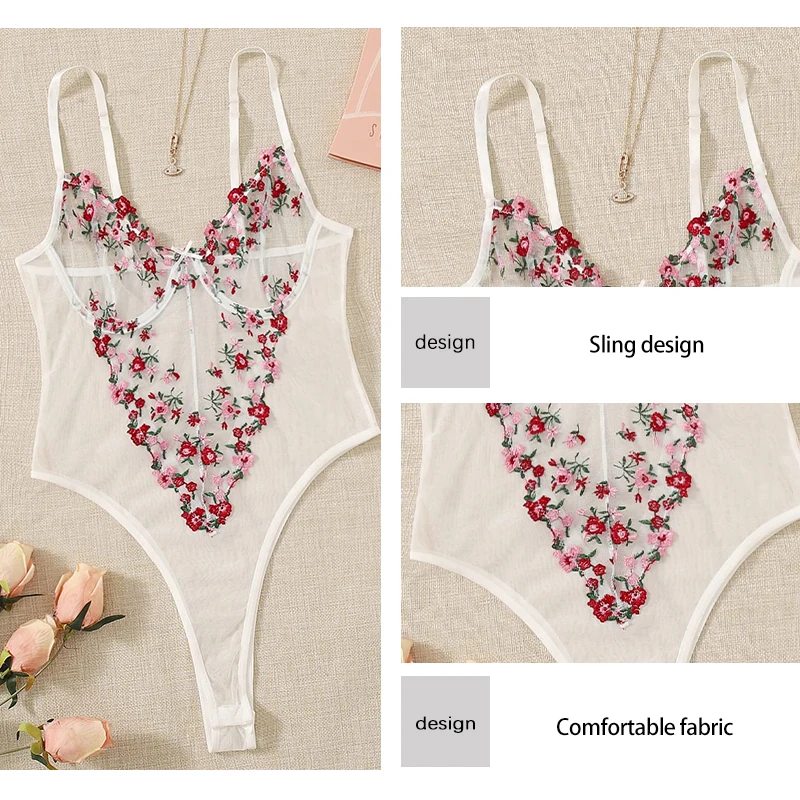 Women Suspender Pajamas Women Lace Pajamas Women Bodysuit Sleep Wear Set Women's Sexy Perspective Mesh with Embroidered Flower V-Neck Suspender Sexy Pajamas One Piece Pajamas