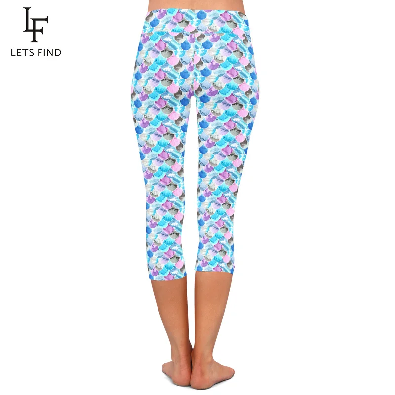 Summer Fashion Women Capri Leggings Colorful Fish Scales Printed High Waist Elastic Mid-Calf Leggings